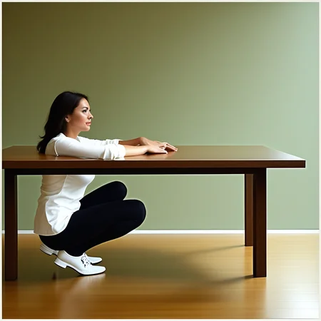 a woman squatting on a table