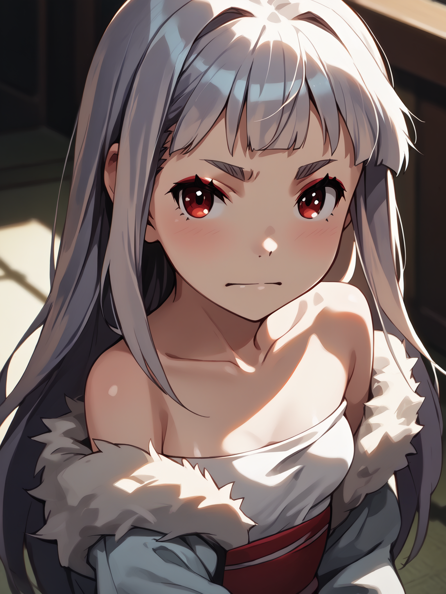 (upper body, solo focus:1.2) <lora:happy_tentacle-ibaraki-v0.1-000025:1>, ht_ibaraki, (blush:0.5), red eyes, bare shoulders, collarbone, sarashi, (purple hair:0.25), long hair, (petite:1.2), <lora:Shed_The_Skin's StS_age_slider_v1_initial_release:-1.5> ( (fur trim :1.1) :1.1) (perky breasts:1.2) ( , , ( :1.2) , , (looking at viewer:0.6) :1.1) (temple :1.2) (( from above :1.2) :0.8) score_9, score_8_up, score_7_up, score_6_up, score_5_up, score_4_up, ( [(realistic, photorealistic:1.3):(realistic:1.2):16] [(3d:1.2)::14] :1) <lora:LUUNA's Lunas-NijiJourney-SDXL-B2:0.35>, nijijourney <lora:prgfrg23's Counterfeit-V3.0 Style SDXL_LoRA_Pony Diffusion V6 XL:0.6> <lora:mfcg's mfcgXL:0.12> <lora:reweik's gyokai(himehajime)_PonyXL_style_v01:0.14>