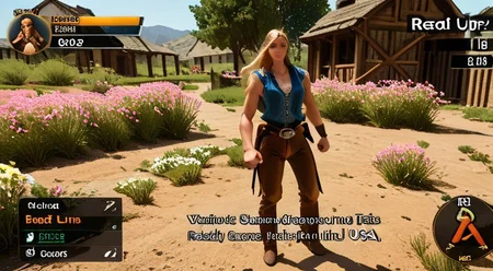 VG_SS, fake screenshot, english text,
(High Resolution), (More Details), (8K), (High Resolution)
Fake video game interface.
Scrolled beat'em up.
1 woman,
RDR2Sadie, blonde hair, long hair, brown eyes
full body, zoomed out,exactly facing right clenched fists, ready for fist-fight.
BREAK
and 3+ bandits, cowboy attire, facing left , ready for fist-fight.
backdrop is a small town in USA in 1899, spring, 6pm.