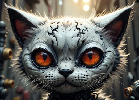 2d, sad scenery, elitist,caricature kitten head close-up , highly detailed, Universal, Sun Rays, Silver, art by Smai-Lee, eerie,gritty robotics <lora:fx-01:1.2> <lora:surrealism-v1:1> <lora:art-v5:.35>  <lora:alien-species:.5>