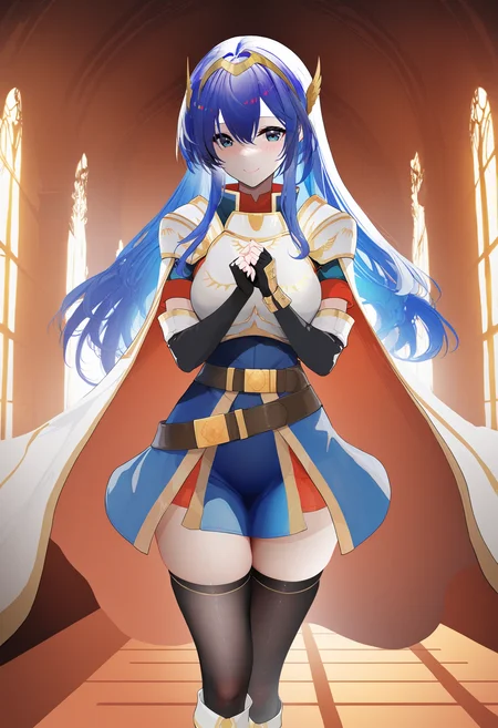 masterpiece, best quality, 1girl, solo, <lora:caeda-fe-richy-v1_ixl:1> caedaatt, blue eyes, blue hair, long hair, bangs, tiara, blue dress, white shoulder armor, breastplate, cape, multiple belts, black gloves, elbow gloves, fingerless gloves, elbow gloves, black thighhighs, thighs, white boots, standing, smile, blush, looking at viewer, indoors, castle, sunset, orange theme, backlighting, omone hokoma agm,