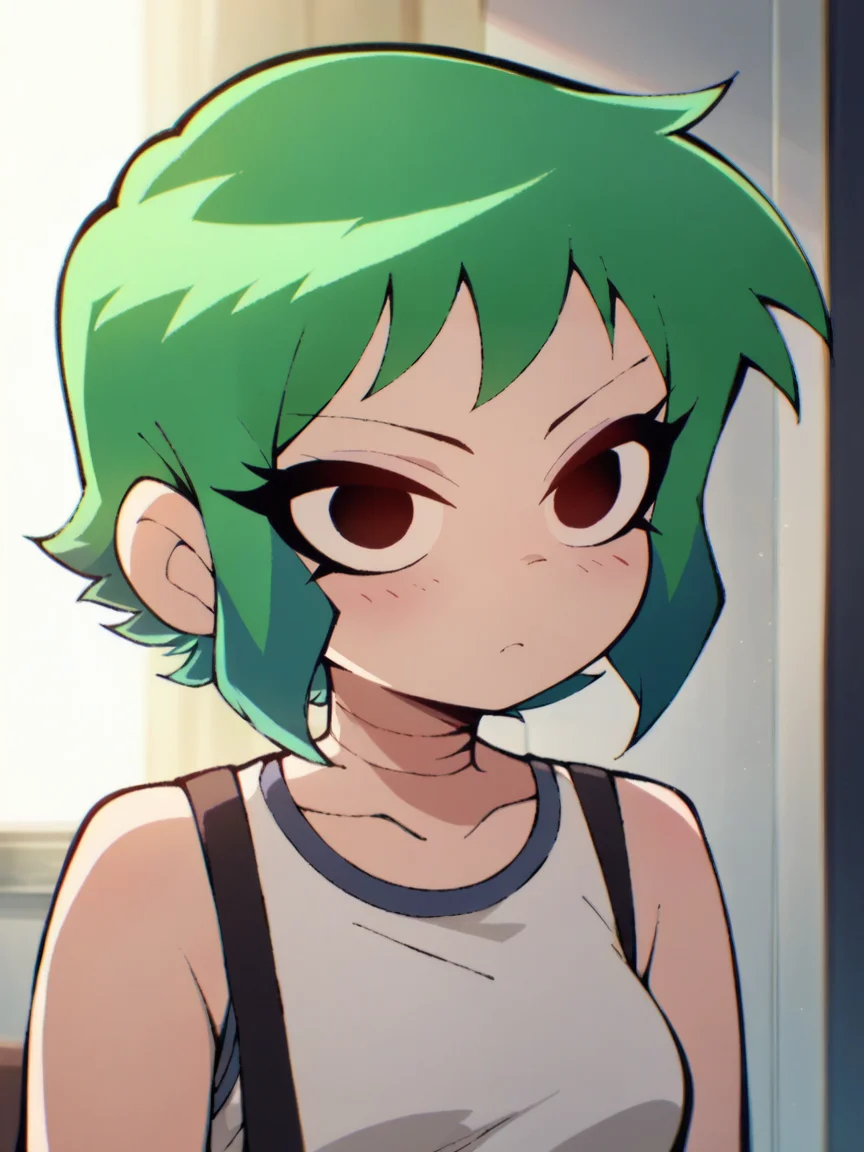 score_9, score_8_up, score_7_up, score_6_up, score_5_up, <lora:spXLP:1> sp, 1girl, short hair, green hair