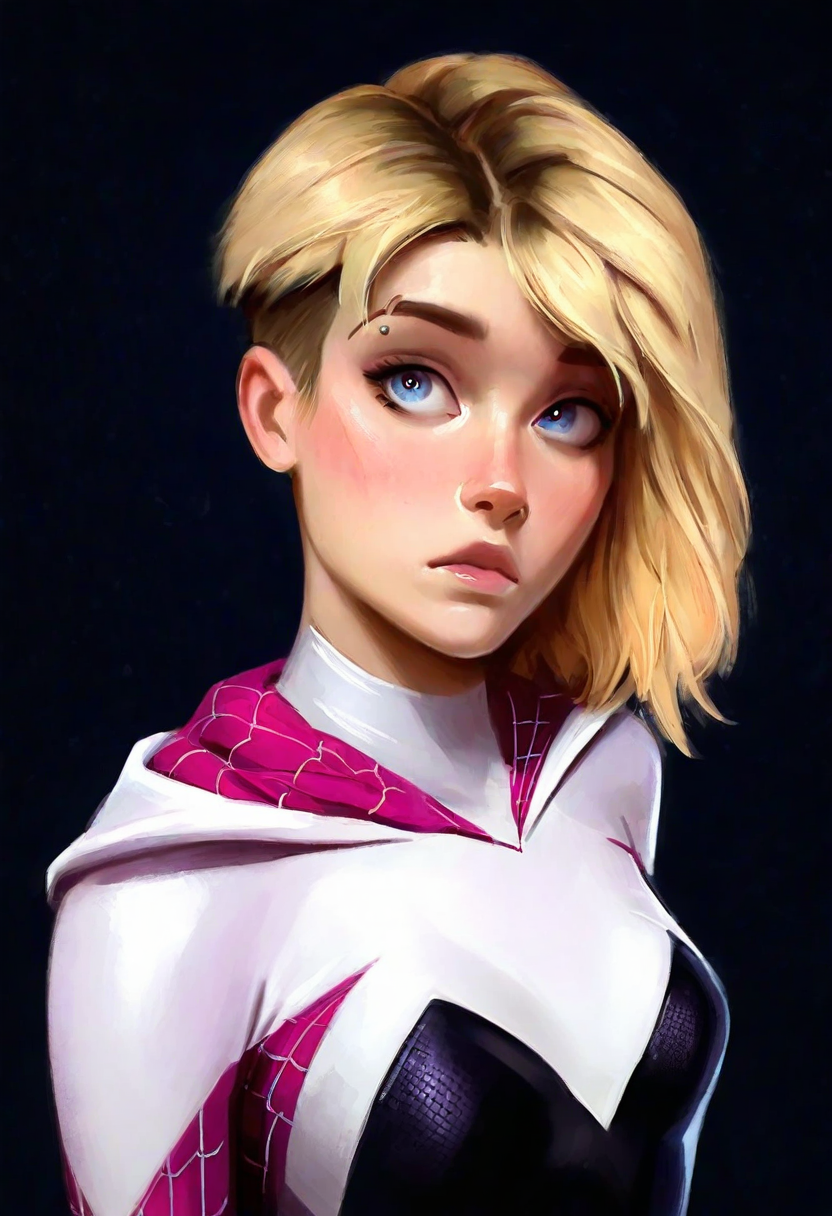 nsfw, zeb1jystyle,  masterpiece, semi-realism,  best quality, solo,      gwen stacy, detailed blue eyes, blonde, face shot, eyebrow raised, confused, bust, small breasts,