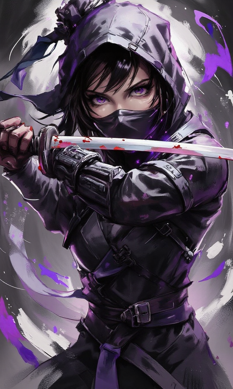 A long-haired girl in a black ninja suit and mask, holding a samurai sword, posing in a fighting stance, with blood stains on the scabbard, purple light and shadows surrounding her big eyes, she stares firmly at the viewer. Dark background<flux.1_lora_flyway_ink-dynamic.safetensors:1.2:1.2>