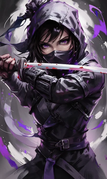 A long-haired girl in a black ninja suit and mask, holding a samurai sword, posing in a fighting stance, with blood stains on the scabbard, purple light and shadows surrounding her big eyes, she stares firmly at the viewer. Dark background<flux.1_lora_flyway_ink-dynamic.safetensors:1.2:1.2>