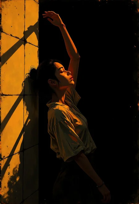 Create an intense, evocative portrait in the Japanese retro anime style of the 80s and 90s. The scene features a woman bathed in deep golden light, leaning against a wall with her arms raised, eyes closed in a moment of raw emotion. Her attire is minimal, accentuating the curves of her body and the dramatic shadows cast by the lighting. The background is stark, with sharp contrasts highlighting the contours of her form. The gold and black palette intensifies the mood, evoking a sense of mystery and allure. Subtle film grain and meticulous shading add depth and texture, emphasizing the emotional gravity of the scene. The lighting creates a chiaroscuro effect, accentuating her expressive pose and the intense atmosphere.shading, niji_flux, ff-comic