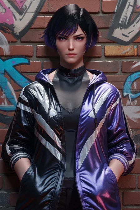 score_9, score_8_up, score_7_up,
<lora:TKReina:0.8>
TKReina, 1girl, black hair, purple hair, multicolored hair, short hair, looking at viewer, leaning against a brick wall, hands in jacket pockets, urban alleyway with graffiti art, moody lighting with shadows, edgy and modern vibe