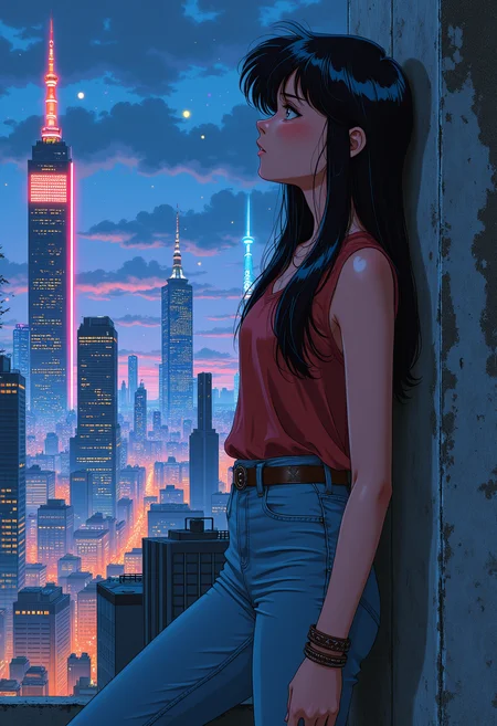 1girl, Retro anime girl leans against a worn concrete wall in a futuristic cityscape, her big sparkling eyes gazing sidelong at a stunning vista of neon-lit skyscrapers. Her flared bell-bottoms flutter in the gentle breeze as she tilts her head, long straight hair with a fringe framing her heart-shaped face. A pair of leather wristbands glint in the city's artificial light as she gazes up at the stars, her wide-eyed awe-filled expression radiating a sense of wonder. The wind whispers secrets through her hair as she stands amidst the urban slum's crumbling beauty, modernretroanime.