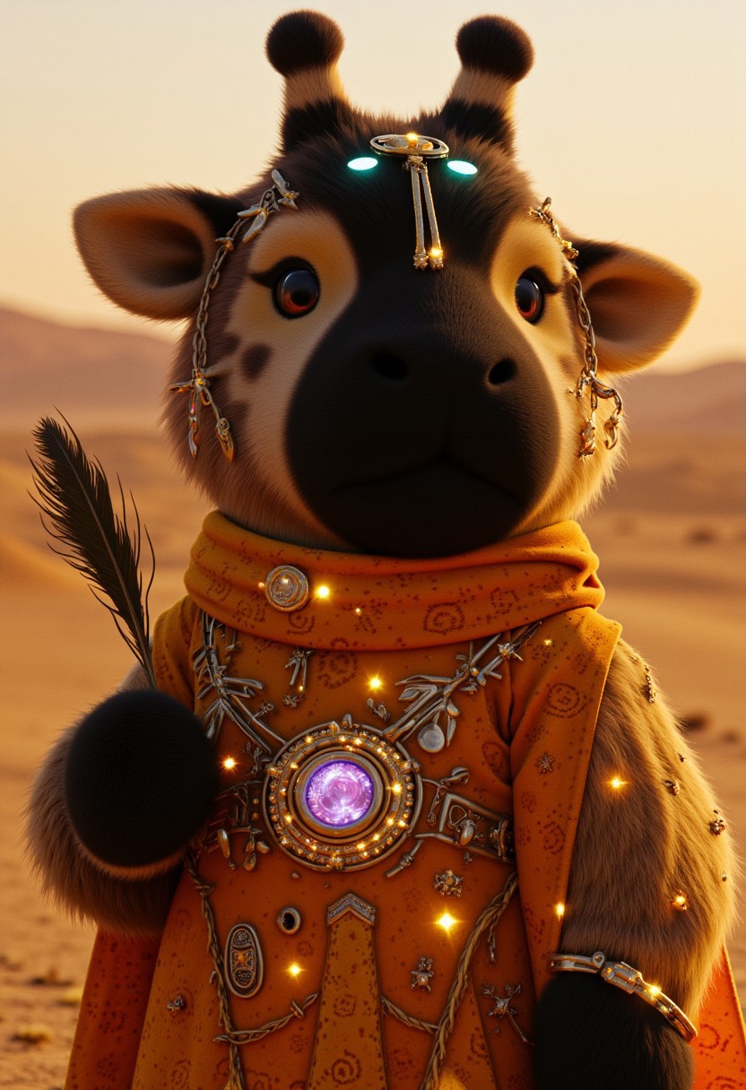A fluffy anthropomorphic Native American black-and-yellow giraffe girl close-up, transformed into a charming space princess, standing in the vast Moawi Desert at sunset. She has long, flowing pastel-colored hair styled in loose waves, adorned with star-shaped clips that catch the fading light of dusk. She wears a vivid neon galaxy hoodie embellished with sparkling indigenous sci-fi jewelry, radiating a soft, ethereal glow. In one hand, she gently holds a feather, as the moody, atmospheric desert light bathes her in warm, golden hues. The desert stretches endlessly behind her, with the glowing patterns of her outfit softly reflecting the last rays of sunlight. The image is hyper-detailed, capturing her beautifully patterned fur and the enchanting, serene desert surroundings.