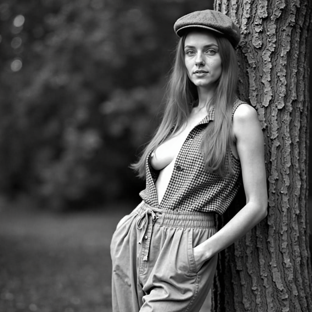 3rotic4. The image is a black-and-white photograph featuring a young woman leaning against a tree with a peeling bark surface. She is standing outdoors in what appears to be a park or wooded area, with blurred, lush foliage in the background. The woman, likely in her early twenties, has long, straight, light-colored hair cascading over her shoulders. She has a fair complexion and a petite, slender physique with small, perky breasts. She is topless, wearing a sleeveless, button-up vest with a checkered pattern, which is unbuttoned to reveal her chest. Her lower body is clad in loose, high-waisted trousers, likely made of a lightweight fabric, such as cotton or linen. She sports a flat cap on her head, adding a vintage, somewhat rebellious flair to her look. Her expression is neutral, with a slightly pensive gaze directed towards the camera. The texture of the tree bark and the smooth stone base she's leaning on contrast sharply with her soft, delicate features. The background trees are out of focus, creating a soft, dreamy ambiance. The overall mood of the photograph is intimate and contemplative, capturing a moment of quiet reflection.<segment:yolo-face_yolov8m.pt//cid=1> <segment:yolo-Eyeful_v2-Individual.pt//cid=2><segment:hair//cid=3> 