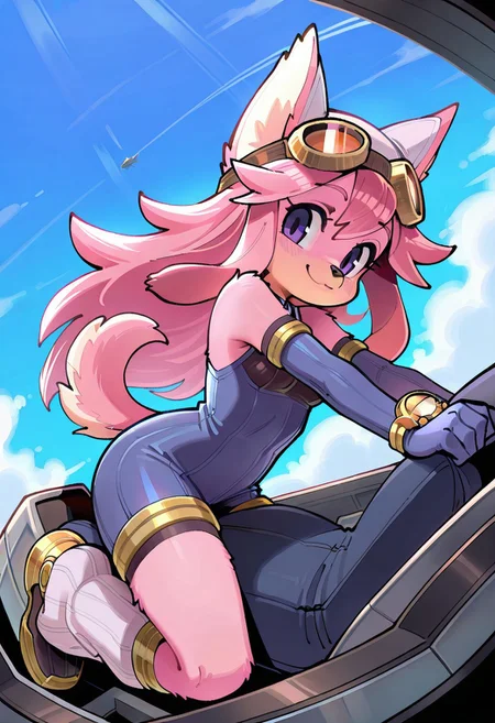 score_9, score_8_up, score_7_up, high resolution, masterpiece, best quality, wamudraws, itsunkownanon,
1girl, 1boy, dynamic angle, mecha cockpit, riding cockpit, open cockpit, large windshield, sky,
chocolatsr, cute, furry female, dog girl, pink fur, long hair, pink hair, dog tail, purple eyes, animal ears, animal nose, flat-chested, small breasts, shortstack, blue jumpsuit, elbow gloves, white headwear, goggles oon headwear, leg warmers, boots, looking at viewer, smile