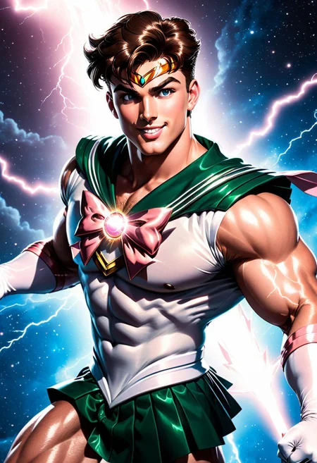 bara, 1male, male focus, riot style, digital art, concept art, semi realistic, fantasy, 4k, best quality, masterpiece, extremely detailed, very detailed face, very detailed eyes, dynamic angle, seen from above, top view, dynamic pose, rising hand, sci fi poster of a male bodybuilder, MAN, MALE, muscular male, gorgeous, young man, brunette, pointed eyebrows, round face, huge plumped lips, big lips, blush, big pectorals, shaved beard, man only, strong, happy, videogame eyes, smirking, wearing a sailor jupiter dress, sailor senshi uniform, with a metal mace, flying in space, surrounded by lightning, (cinematic light, volumetric), Cinematic Shot