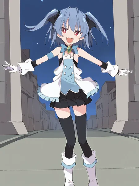 <lora:sumirehiyamafrostiapony:1>
1girl, solo, sumirefrostia, mahoutouki, short hair, two side up, blue hair, red eyes, white pupils, open mouth, smile, fang, standing, outdoors