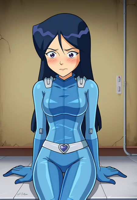 score_9, score_8_up, score_7_up, BREAK source_anime, 1girl, solo, britney \(totally spies\), long hair, blue hair, purple eyes, blue bodysuit, belt, embarrassed, sitting, infirmary <lora:hskc-britney-pony-v0.5:1>