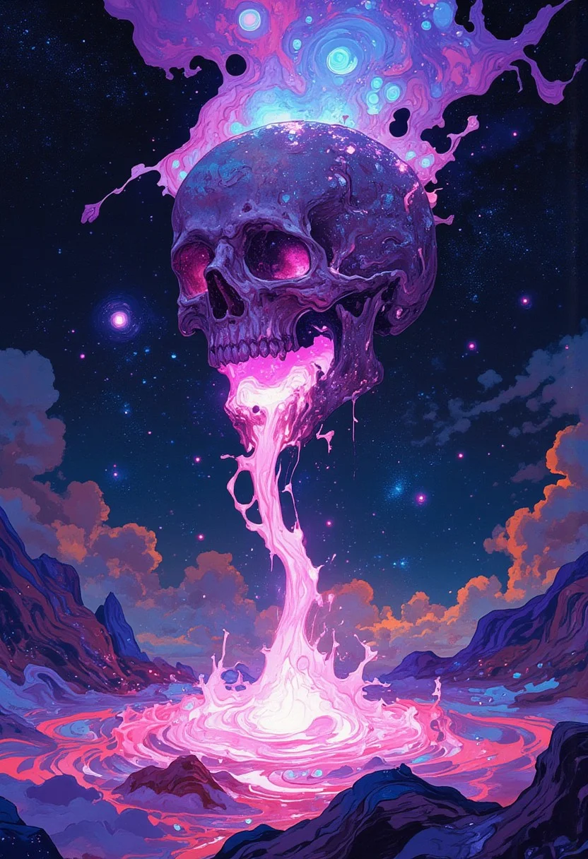 A cosmic skull floats in the void, jaw open as glowing, star-filled liquid cascades into a swirling pool of energy. Vibrant hues of purple, blue, and magenta shimmer with stars and galaxies. The skull’s surface reflects cosmic light, set against an infinite starry backdrop, symbolizing life, death, and rebirth.
A surreal cosmic skull floating in the void of space, its jaw agape as luminous, star-filled liquid flows out like a galactic river, cascading into a swirling pool of light and energy. The liquid shimmers with vibrant hues of purple, blue, and magenta, illuminated by stars and distant galaxies. The background features a starry expanse, with celestial bodies glowing faintly in the distance, evoking a sense of infinity and the mysterious origins of the universe. The skull appears both ancient and otherworldly, its surface reflecting the ethereal glow of the cosmos around it, symbolizing the eternal cycle of life, death, and rebirth within the fabric of the universe.
<lora:FLUX-daubrez-DB4RZ-v2:0.55> <lora:Sinfully_Stylish_.02_for_FLUX:0.35> <lora:dystopia:0.6>