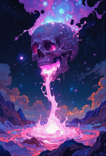 A cosmic skull floats in the void, jaw open as glowing, star-filled liquid cascades into a swirling pool of energy. Vibrant hues of purple, blue, and magenta shimmer with stars and galaxies. The skull’s surface reflects cosmic light, set against an infinite starry backdrop, symbolizing life, death, and rebirth.
A surreal cosmic skull floating in the void of space, its jaw agape as luminous, star-filled liquid flows out like a galactic river, cascading into a swirling pool of light and energy. The liquid shimmers with vibrant hues of purple, blue, and magenta, illuminated by stars and distant galaxies. The background features a starry expanse, with celestial bodies glowing faintly in the distance, evoking a sense of infinity and the mysterious origins of the universe. The skull appears both ancient and otherworldly, its surface reflecting the ethereal glow of the cosmos around it, symbolizing the eternal cycle of life, death, and rebirth within the fabric of the universe.
<lora:FLUX-daubrez-DB4RZ-v2:0.55> <lora:Sinfully_Stylish_.02_for_FLUX:0.35> <lora:dystopia:0.6>