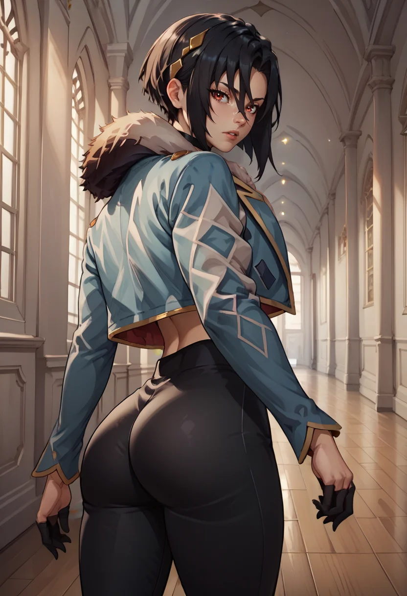 score_9, score_8_up, score_7_up, source_anime, 1girl, solo, looking back, parted lips, BREAK <lora:NelFE-pdxl:1> casNel, short hair, hair between eyes, jewelry, black gloves, black choker, tight black pants, ass, blue jacket, cropped jacket, long sleeves, fur-trimmed jacket, half gloves, indoors, hallway