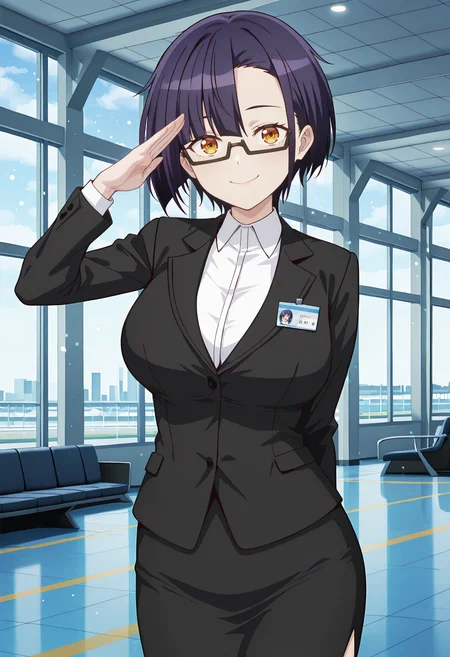 best quality, amazing quality, perfect quality, high quality, masterpiece, absolutely eye-catching BREAK
<lora:Im_the_Evil_Lord_of_an_Intergalactic_Empire_-_Nias_Carlin:1> OreAkuNias, orange eyes, purple hair, short hair, asymmetrical bangs, semi-rimless eyewear BREAK
black jacket, white shirt, black pencil skirt, name tag BREAK
indoors, airport, light particles, windows, 1girl, solo, standing, salute, arm behind back, cowboy shot, smile, looking at viewer, dutch angle
