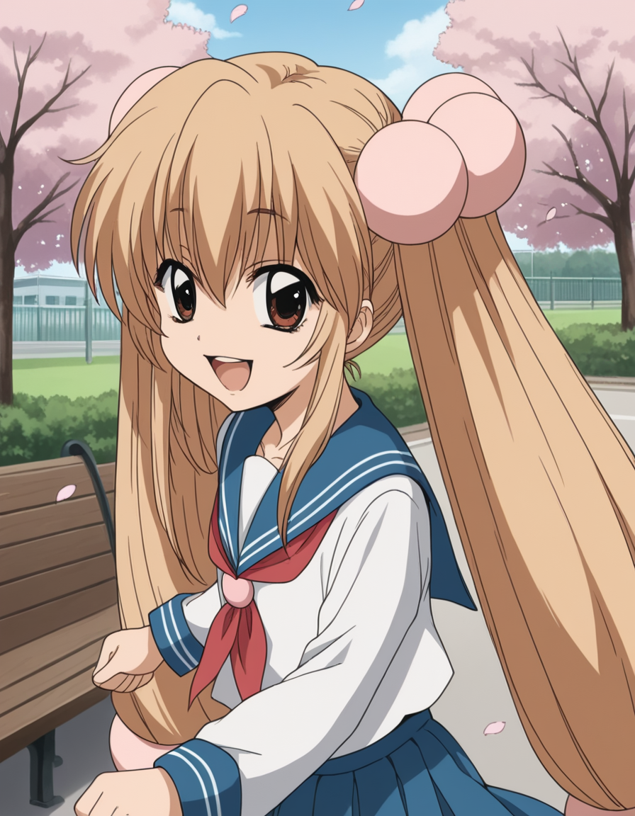 score_9, score_8_up, score_7_up, source_anime, <lora:rin-kokonoe-s1-ponyxl-lora-nochekaiser:1>, rin kokonoe, long hair, brown hair, hair ornament, twintails, brown eyes, very long hair, hair bobbles,, school uniform, serafuku, long sleeves,, park, cherry blossoms, bench, gentle breeze, peaceful, running, open mouth,, smile, from side, looking at viewer, solo,, dutch angle, cowboy shot