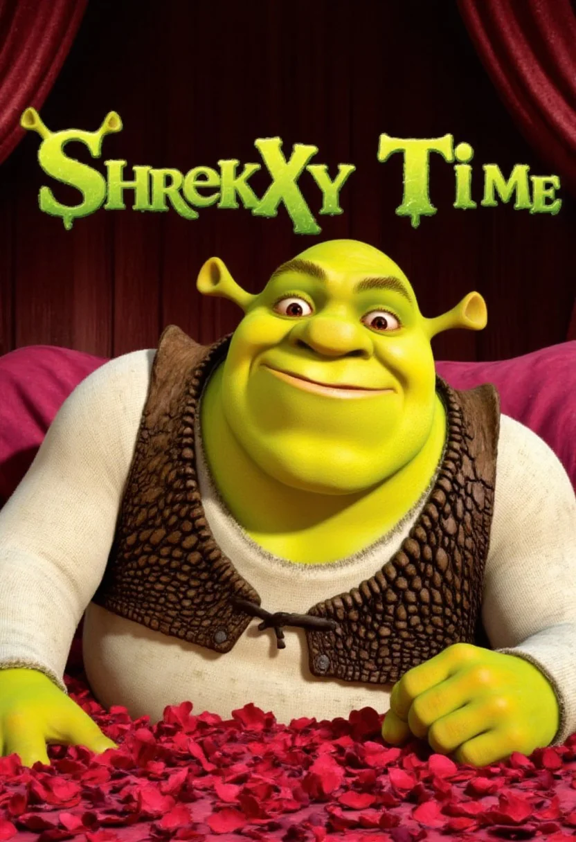 Shrek,on a bed filled with rose petals. smiling impishly looking at viewer. Laying down seductively. Text in dark green slimey font "Shrekxy Time" . Rendered in the highest detail.