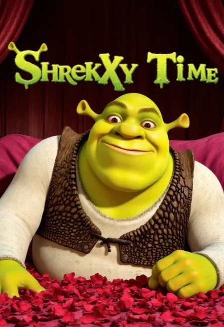 Shrek,on a bed filled with rose petals. smiling impishly looking at viewer. Laying down seductively. Text in dark green slimey font "Shrekxy Time" . Rendered in the highest detail.