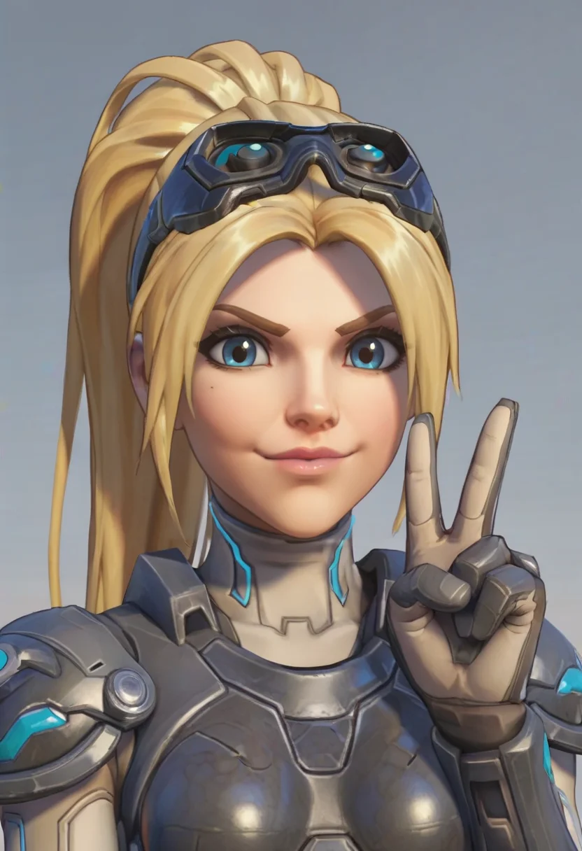score_9, score_8_up, score_7_up, score_6_up, score_5_up, score_4_up, 1girl, <lora:WidowmakerNova:0.75> solo, medium breasts, ponytail, blonde hair, long hair, blue eyes, bodysuit, armor, goggles, goggles on head, front view, smile, upper body, v sign,
light blue background, simple background,