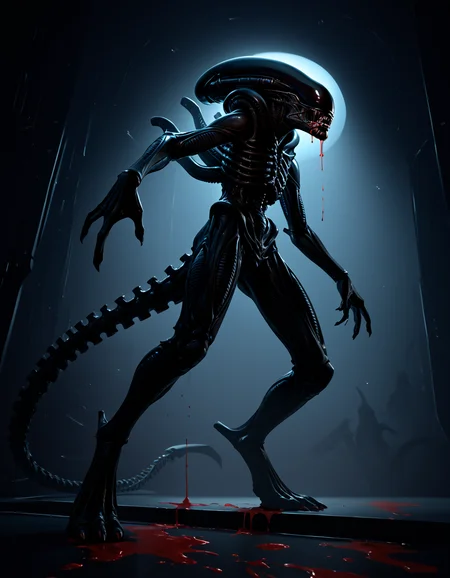 score_9, score_8_up, score_7_up, score_6_up, source_furry, solo, full-length portrait, spaceship background, night, digital art, <lora:Alien_-_Xenomorph_PONY:0.8> xenomorph, digitigrade, monster, backlighting, rimlight, cinematic, low-angle view, low angle view, <lora:dark_v1.9-pony:0.2> dark theme, dim lighting, silhouette, dark background, backlighting, <lora:GwentStyle_v2:0.6> gwentstyle, <lora:Darkgem_Style_PONY_XL:0.4> darkgem, covered in blood, blood splattered on wall in background