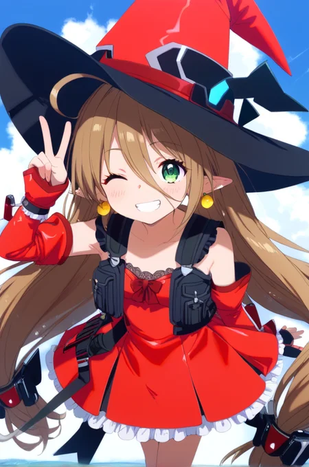 <lora:HandFineTuning_XL:1>
score_9, score_8_up, score_7_up, source_anime, masterpiece,best_quality,
BREAK,
sky,
cowboy shot, upperbody, flat chest,
BREAK,
from above, looking up, blush, wink, grin, peace sign,
BREAK,
<lora:kyonfeulion_autismConfetti_v01:1>
witch hat, red headwear,
pointy ears, brown hair, green eyes, very long hair, twin low tied hair, yellow earrings, ball earrings, ahoge, hair between eyes,
short dress, red dress, detached sleeves, black vest, black frills, fingerless gloves,
black footwear,, zPDXL