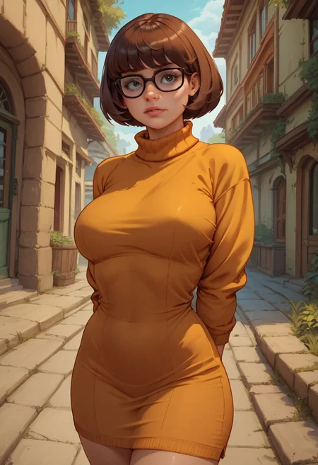 score_9, score_8_up, score_7_up,score_6_up, score_5_up, score_4_up , 1girl, solo,
 detailed, masterpiece,HDR, detailed sharp, best quality,
large breasts, Velma, hands behind back,