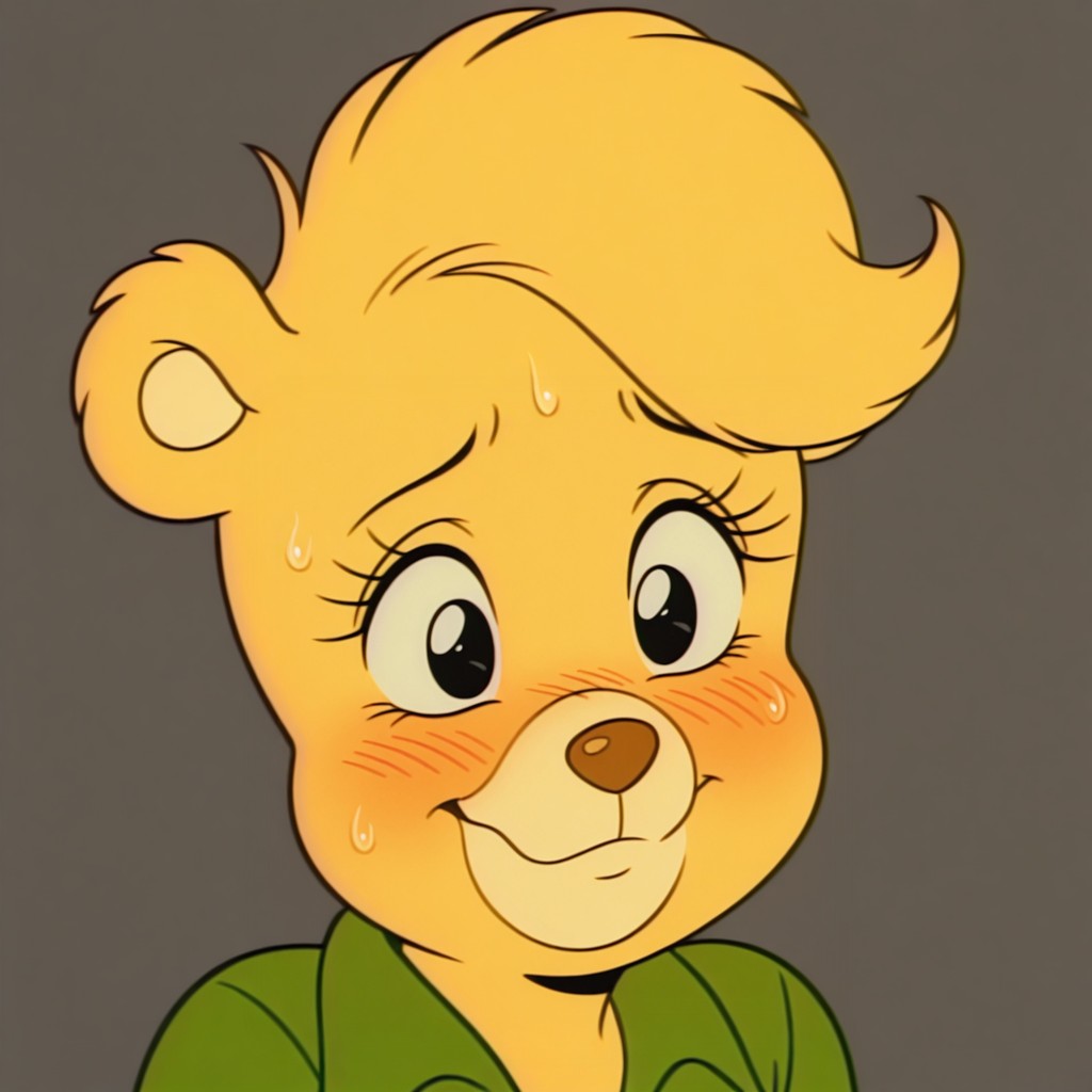 masterpiece, best quality, amazing quality, retro artstyle, sunni, female, furry female, anthro, young, solo, bear, yellow fur, short hair, black eyes, yellow muzzle, brown nose, eyelashes, paw pads, short, green shirt, embarrassed, nervous smile, close up, portrait, grey background