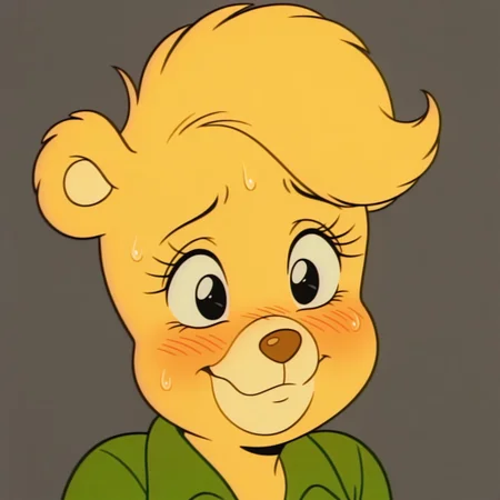 masterpiece, best quality, amazing quality, retro artstyle, sunni, female, furry female, anthro, young, solo, bear, yellow fur, short hair, black eyes, yellow muzzle, brown nose, eyelashes, paw pads, short, green shirt, embarrassed, nervous smile, close up, portrait, grey background