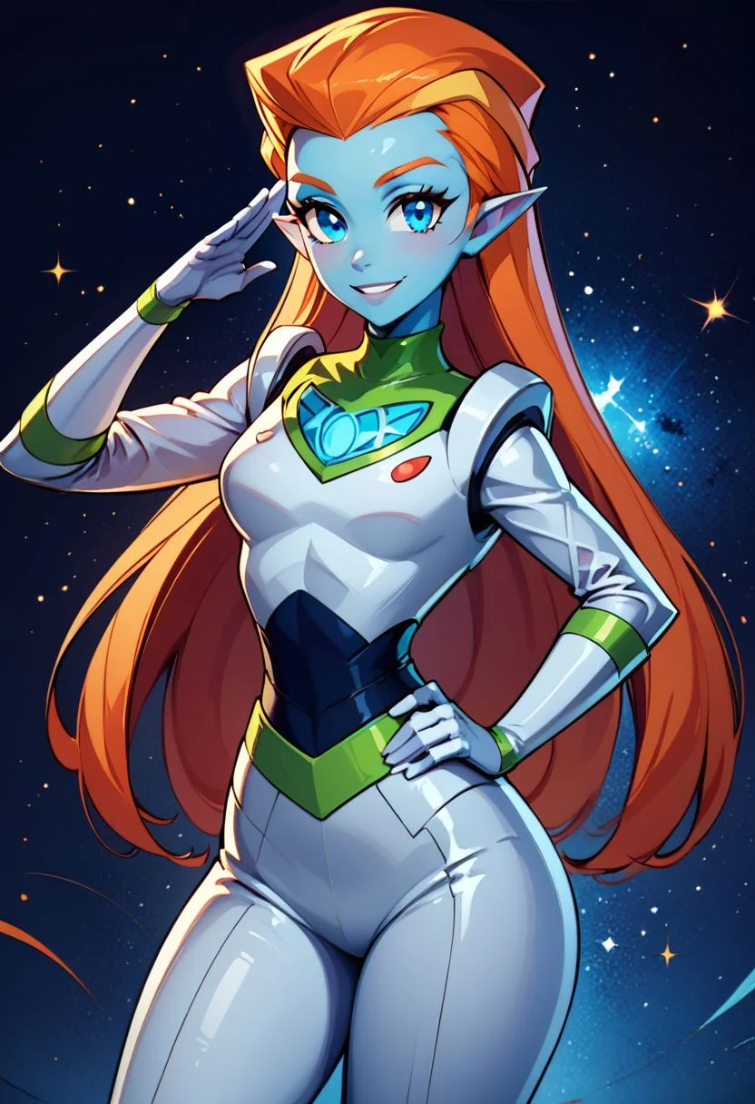 score_9, score_8_up, score_8, medium breasts, (curvy), cute, eyelashes,
rating safe,
BREAK,
zzMira, blue eyes, blue skin, orange hair, pointy ears, white spacesuit, cowboy shot, smile, hand on hip, looking at viewer, (salute:1),
BREAK,
smile, looking at viewer,
cosmic space background,
zPDXL, Expressiveh
