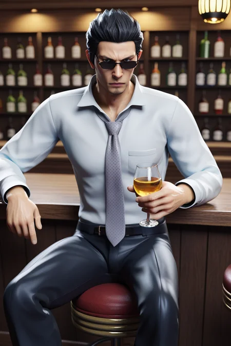 score_9, score_8_up, score_7_up, BREAK, <lora:kiryukazuma-guy-PONYv1:.9>, 1boy, solo, kiryukazuma, formal, glasses, white shirt, dress shirt, necktie, grey necktie, polka dot necktie, bar, sitting, muscular, drinking glass, alcohol, black pants, indoors, bar stool, realistic, 3d, tinted eyewear,