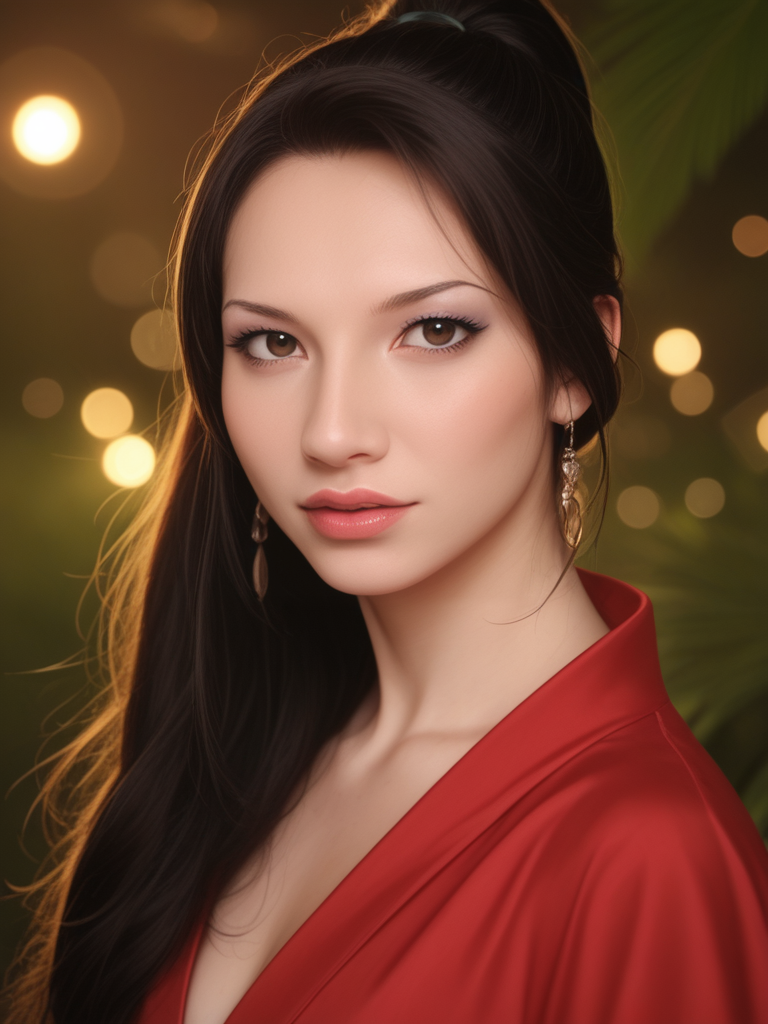 score_9, score_8_up, score_7_up, SabrinaK4mo3i, Sabrina Kamoei, <lora:SabrinaK4mo3i-pony:1>,  cinematic, ultra detailed, portrait, 1girl, makeup, lips, long hair, high ponytail, bangs, dark hair, big lips, wearing red kimono, tropical, ascott, solo, looking at viewer, bokeh, focus, film, velvia, artistic, best quality, photograph, focus, face focused, magic hour, photography, warm light, sunset, movie still,