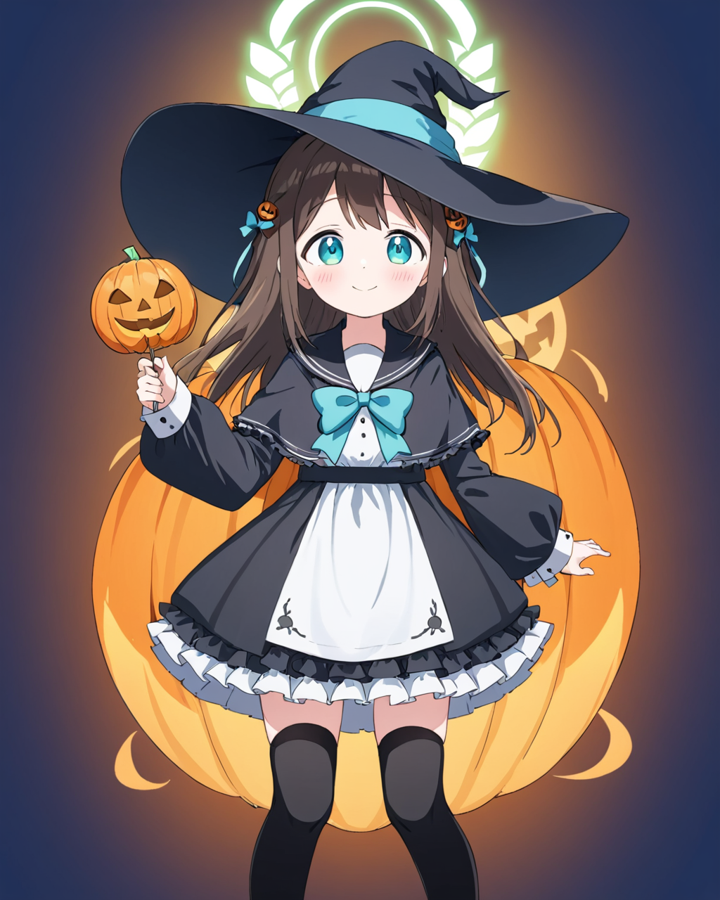 airi \(blue archive\),1girl, solo, witch_hat, smile, halloween, halloween_bucket, holding, frilled_skirt, blush, white_shirt, closed_mouth, hat_bow, black_headwear, looking_at_viewer, wrist_cuffs, collared_shirt, black_thighhighs, hair_ornament, dress_shirt, blue_bow, witch, lollipop, center_frills, jack-o'-lantern, ghost, frilled_dress, black_capelet
<lora:airi_(blue_archive)_image38_batch3_v1:1>,halo,. gorgeous,key visual, vibrant, studio anime,award-winning, professional, highly detailed,high budget, cinemascope