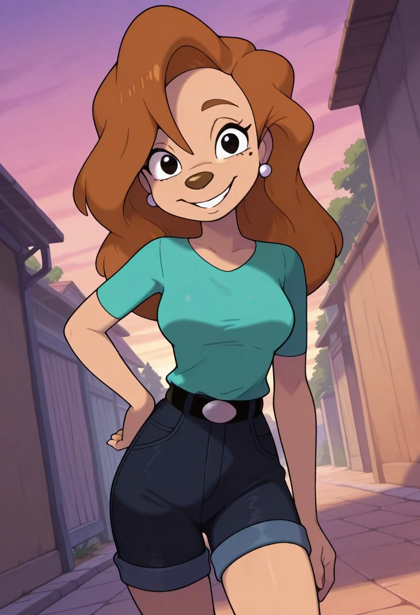 masterpiece, best quality, amazing quality, very aesthetic, absurdres, newest, detailed background, cowboy shot, outdoors, dynamic angle, sugimori, jaggy lines,
roxanexd, 1girl, solo, smile, shirt, jewelry, mole, shorts, earrings, black eyes, looking at viewer, green shirt, furry female, hand on hip, brown hair, long hair, furry, animal ears, short sleeves, aqua shirt, belt, grin, cowboy shot, mole under eye, shirt tucked in, breasts, medium breasts,