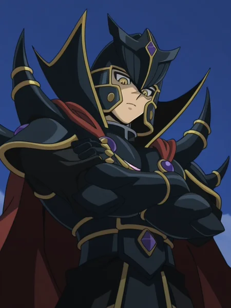 1boy,  upper body,  crossed arms,looking down,from below, crossed arms,
 <lora:supreme_kinh:0.9> Supre2meGXKing,black helmet, black armor,red cape,  yellow eyes,, masterpiece, high quality, absurdres, best quality, very aesthetic, newest, ,