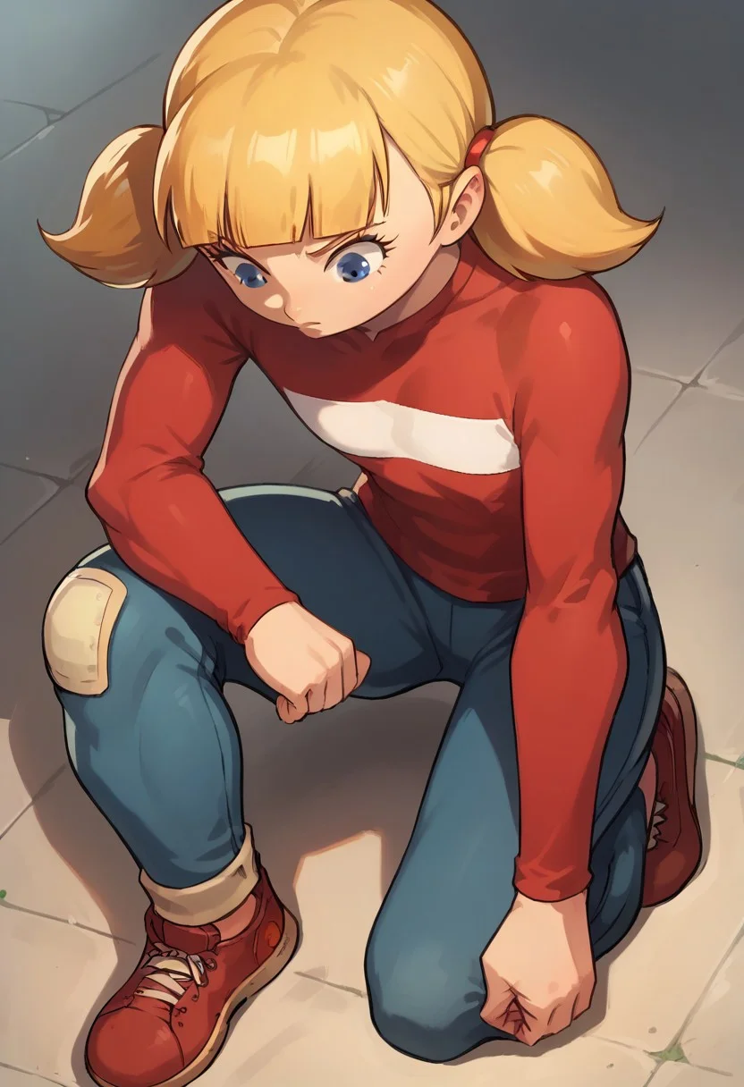 score_8, score_8_up, score_7_up, score_6_up, BREAK, 1girl, solo, female focus, penny_ig, blonde hair, twintails, blue eyes, red shirt, stripe, pants, knee patch, flat chest, on one knee, full body, looking down, clenched hands, hand on ground, arm on knee