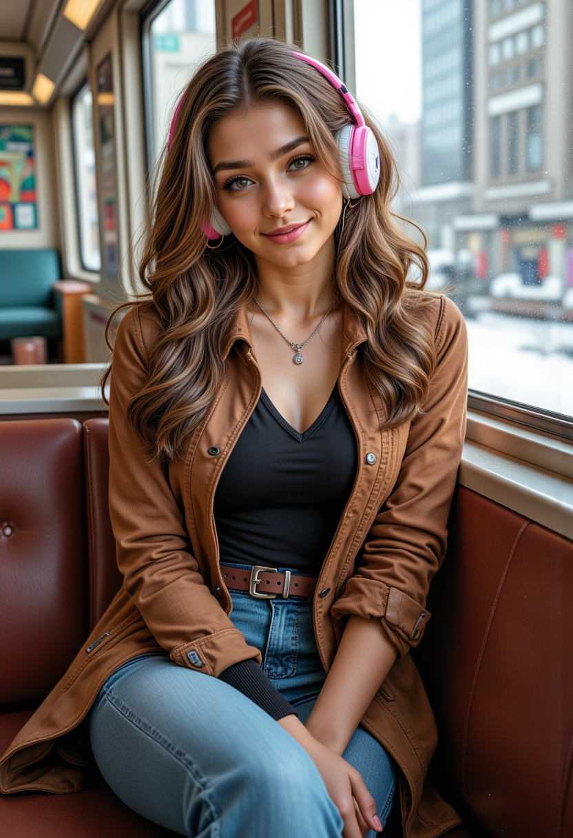 Hyperrealistic,  she is smiling, dynamic angles, multiple angles,She is looking at the camera, photoshoot poses;  A photo of Ari3l_V2FT, Jewish girl,  she is posing for the camera. Wearing a necklace, earrings, she has huge breasts, she is posing for the camera.  Wearing a necklace, earrings,  showing her smiling face. She is wearing pink and white headphones, brown leather jacket, with a fir collar, a black shirt, blue denim jeans, with black boots, she is posing for the camera. sitting on a bench inside a bullet train, the view outside is of a futuristic city made of glass, In the daytime, and it's snowing outside; the scene is set in a beautiful well-lit environment, with a sense of action and adventure. Style: realistic hyper-detailed rendering, 32k UHD, expressive eyes, punk, graphic design, girl's face, pretty and cute, gleaming lips, telling a tale of adventure. Exuding confidence and serenity. The overall mood of the image is happy and relaxed,detailed skin texture,(blush:0.2),(goosebumps:0.3),subsurface scattering,with a playful and whimsical tone,Niji style, perfect hand, hand, detailed hand,retro50s_style, looking at camera, looking at viewer