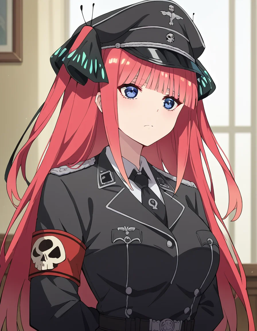 score_9, score_8_up, score_7_up, source_anime, <lora:nnakano-s2-ponyxl-lora-nochekaiser:1>, long hair, bangs, blue eyes, hair ornament, hair ribbon, pink hair, blunt bangs, two side up, butterfly hair ornament, large breasts,, <lora:warden-ponyxl-lora-nochekaiser_r1:1>, skull hat ornament, uniform, military uniform, black uniform, hat, cap, black cap, armband, collared shirt, black necktie,, indoors, hands behind back,, cowboy shot,