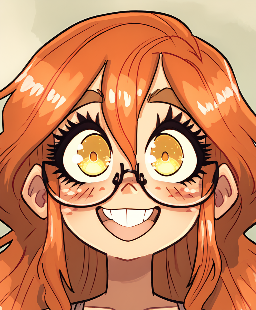 score_9, score_8_up, rapscallion, 1girl, solo, pupils, freckles, smile, teeth, close-up, hair between eyes, orange hair, looking at viewer, portrait, open mouth, blush, long hair, yellow eyes, thick eyebrows, :d, glasses,  <lora:Raps3:1>