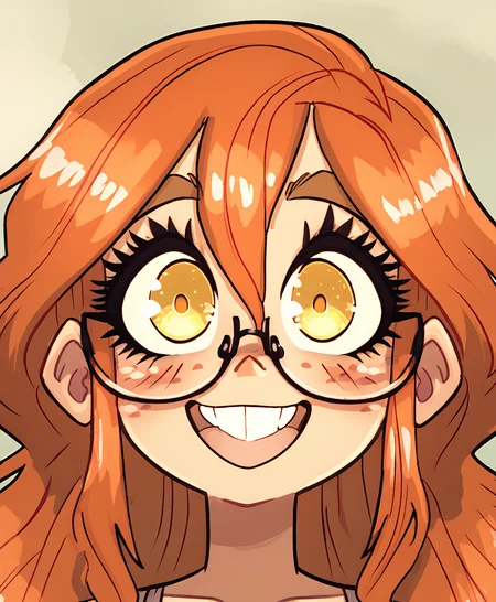 score_9, score_8_up, rapscallion, 1girl, solo, pupils, freckles, smile, teeth, close-up, hair between eyes, orange hair, looking at viewer, portrait, open mouth, blush, long hair, yellow eyes, thick eyebrows, :d, glasses, <lora:Raps3:1>