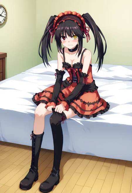 score_9, score_8_up, score_7_up, source_anime,
BREAK
1girl, solo,
<lora:shiKurumiV2:1> kurdef, long hair, black hair, twintails, red eyes, yellow eyes, clock eyes, heterochromia, hairband, bare shoulders, detached sleeves, choker, red dress, cleavage, bow, black thighhighs, lace-up boots,
<lora:shiPuttingOnPantyhoseV1:1.0>, shiwearingpantyhose, putting on legwear, sitting,
adjusting legwear, clothes pull,
thighhighs,
looking at viewer,
indoors, bed, blush, wavy mouth,