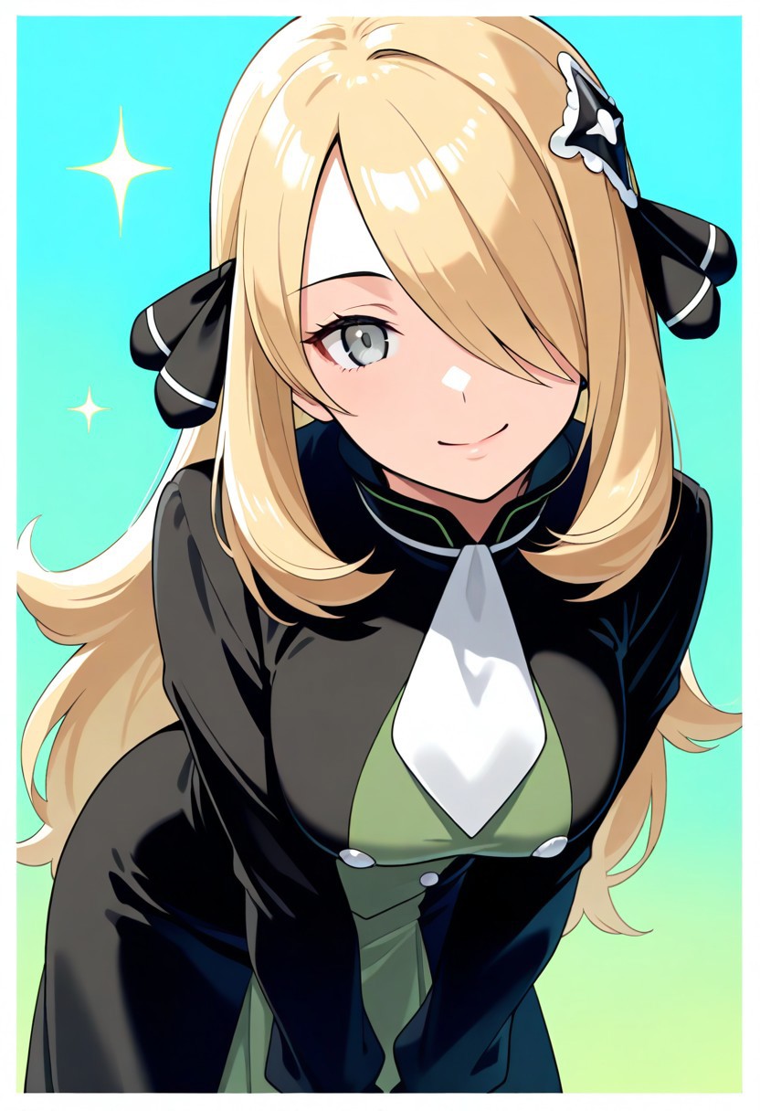 2d, masterpiece, best quality, amazing quality, 1girl, solo, close-up, standing, smile, upper body, leaning_forward, looking at viewer, multicolored background, sparkle, gradient background, colorful background, green background, blue background, (mature female, adult body, grown up, aged up), def colors, [[cynthia \(pokemon\)]], grey eyes, blonde hair, long hair, hair over one eye,, hair ornament, hair ribbon, black ribbon, dress, buttons, black dress, green dress, long sleeves, white ascot, small cape, white pantyhose