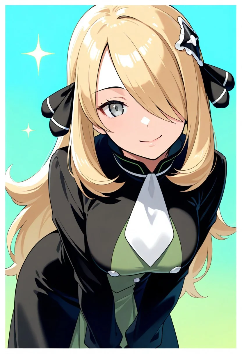 2d, masterpiece, best quality, amazing quality, 1girl, solo, close-up, standing, smile, upper body, leaning_forward, looking at viewer, multicolored background, sparkle, gradient background, colorful background, green background, blue background, (mature female, adult body, grown up, aged up), def colors, [[cynthia \(pokemon\)]], grey eyes, blonde hair, long hair, hair over one eye,, hair ornament, hair ribbon, black ribbon, dress, buttons, black dress, green dress, long sleeves, white ascot, small cape, white pantyhose