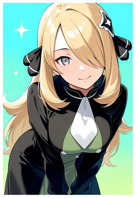 2d, masterpiece, best quality, amazing quality, 1girl, solo, close-up, standing, smile, upper body, leaning_forward, looking at viewer, multicolored background, sparkle, gradient background, colorful background, green background, blue background, (mature female, adult body, grown up, aged up), def colors, [[cynthia \(pokemon\)]], grey eyes, blonde hair, long hair, hair over one eye,, hair ornament, hair ribbon, black ribbon, dress, buttons, black dress, green dress, long sleeves, white ascot, small cape, white pantyhose
