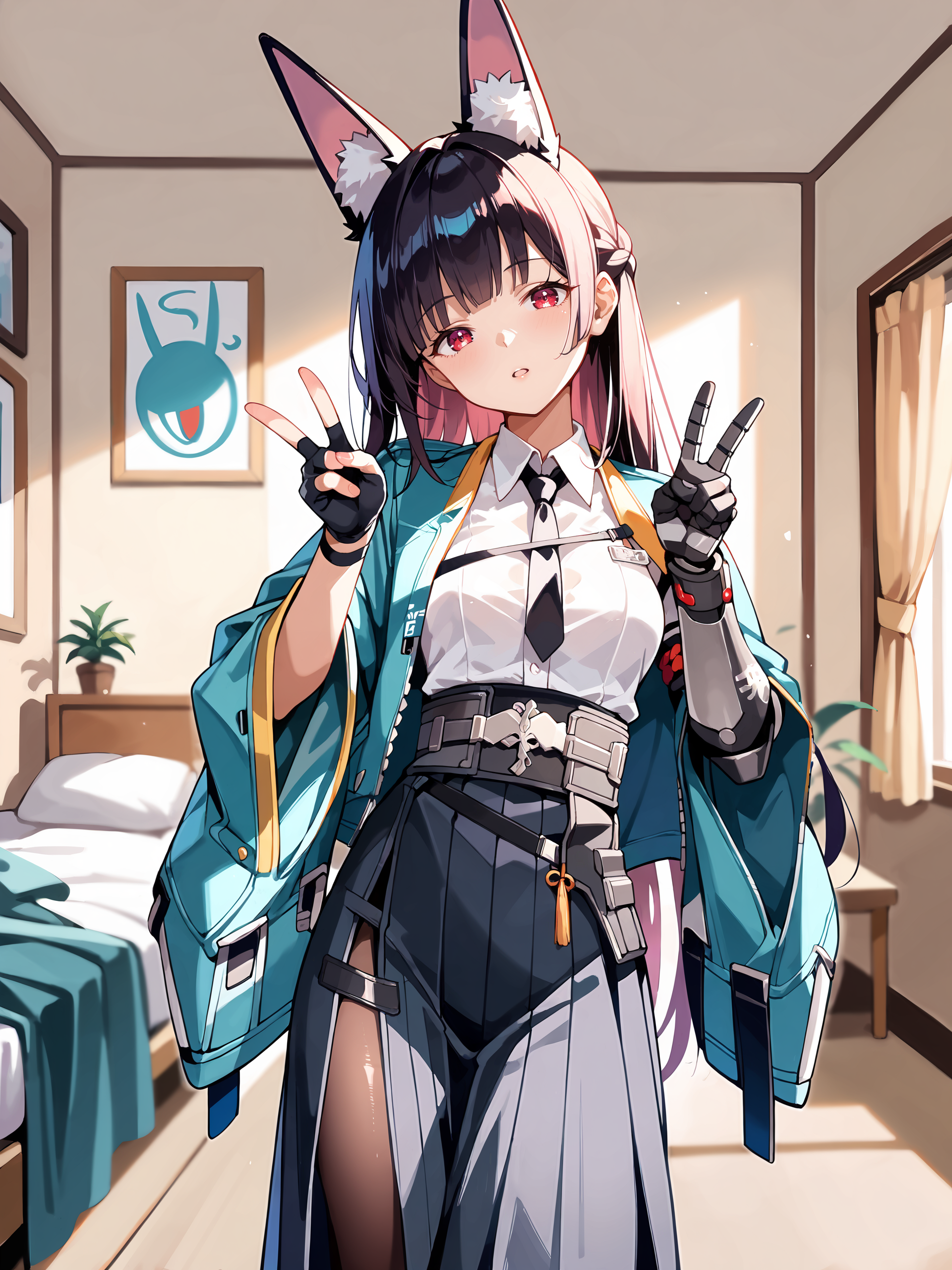 score_9, score_8_up, score_7_up, source_anime, ray tracing, best quality,   <lora:Char-ZZZ-Hoshimi_Miyabi-V1-Pony:1:hr=0.5>, 1girl, hoshimi miyabi, solo, black pantyhose, hakama short skirt, fingerless gloves, white collared shirt, aqua jacket, single mechanical arm, arm out of sleeve, black necktie, cowboy shot, standing, parted lips, head tilt, open mouth, looking at viewer, double v, bedroom, indoors, depth of field
