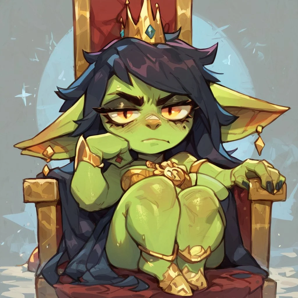 score_9, score_8_up, score_7_up, high quality, 1girl, Goblin, green skin, colored skin, dark hair, short stack, princess, goblin princess sitting on throne, bored expression,