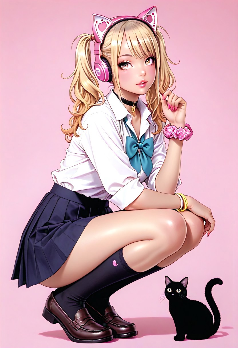 masterpiece,best quality,absurdres,highres,perfect anatomy,sketch,
1girl,gyaru,solo,cat,squatting,full body,looking at viewer,
blonde hair,twintails,choker,school uniform,pleated skirt,loafers,wrist scrunchie,cat ears,pink-headphones,
pink background,<lora:Yamashita_Shunya_Illu_Edition:1>,YS-Illu,, masterpiece,best quality,absurdres,highres,perfect anatomy,(sharp image),