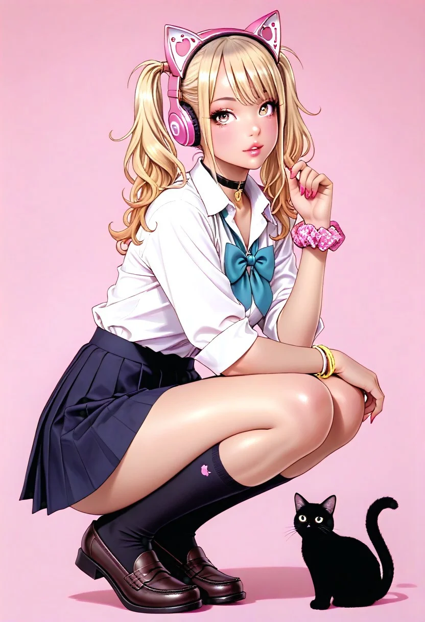 masterpiece,best quality,absurdres,highres,perfect anatomy,sketch,
1girl,gyaru,solo,cat,squatting,full body,looking at viewer,
blonde hair,twintails,choker,school uniform,pleated skirt,loafers,wrist scrunchie,cat ears,pink-headphones,
pink background,<lora:Yamashita_Shunya_Illu_Edition:1>,YS-Illu,, masterpiece,best quality,absurdres,highres,perfect anatomy,(sharp image),